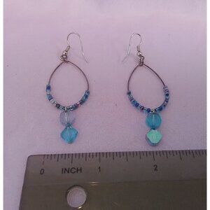 Blue Beaded Earrings Silver Tone